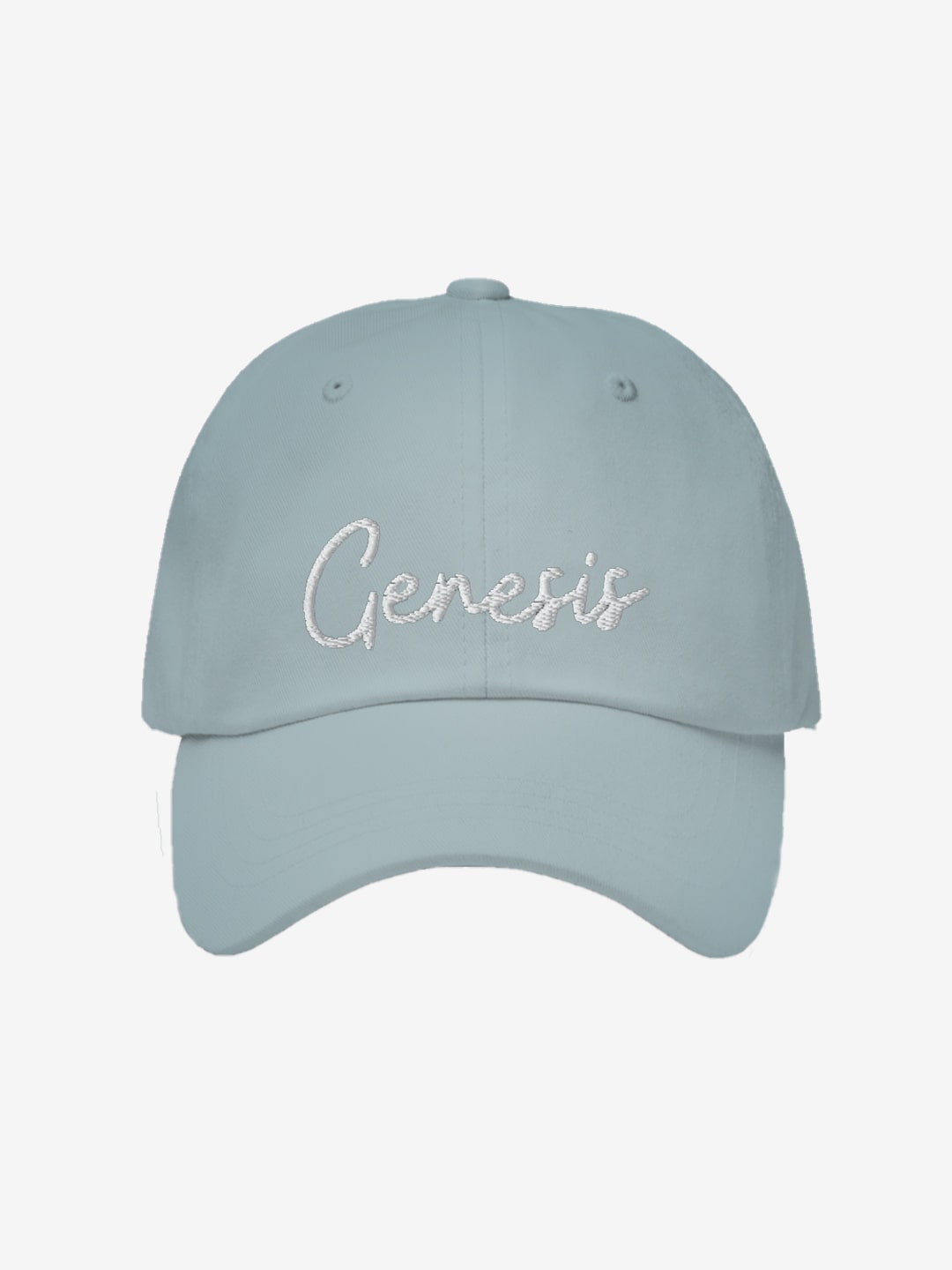 Christian Apparel Brand - Light Blue 6 Panel Hat for Women with the word "Genesis" embroidered on the front. 