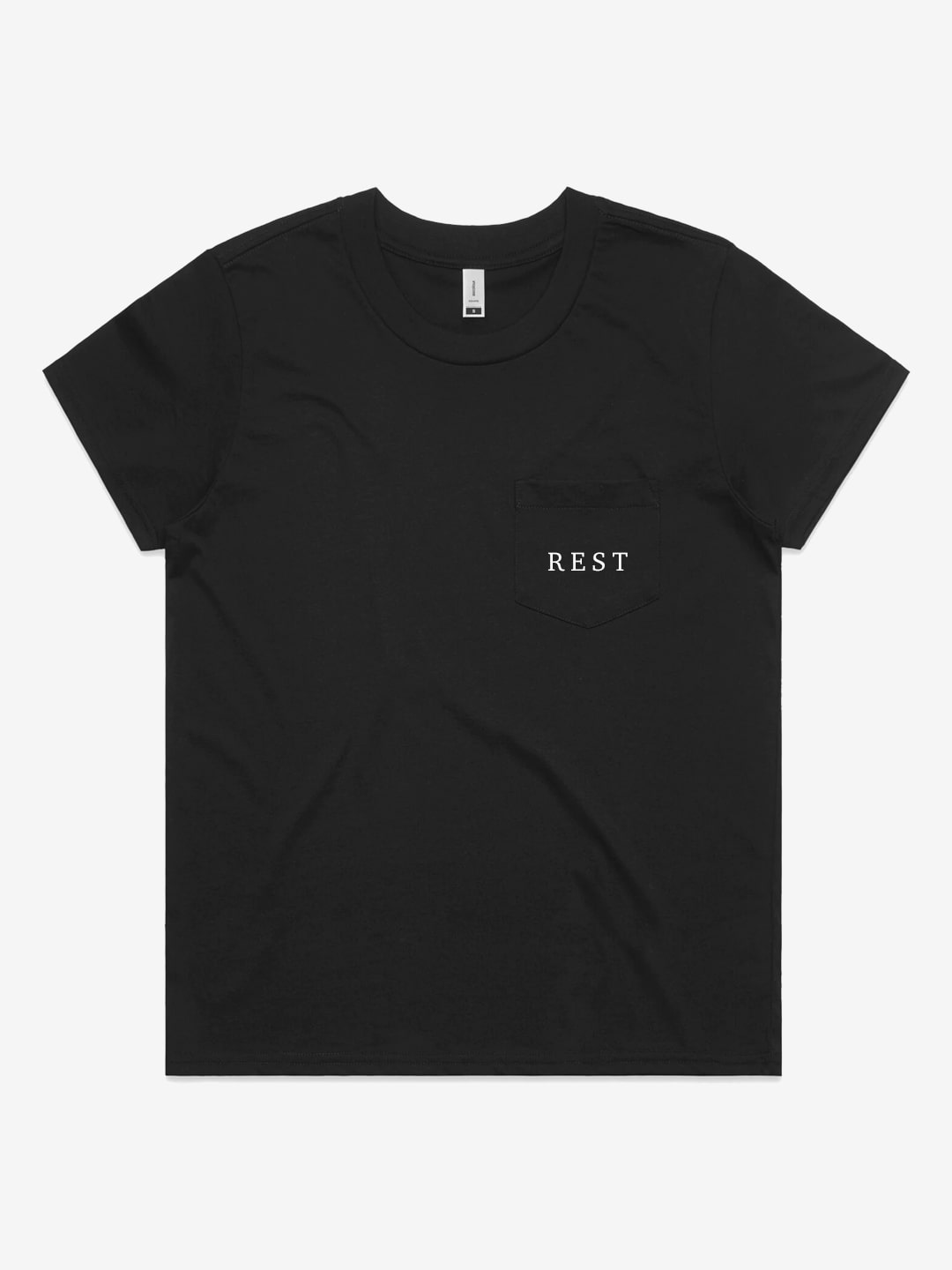 Rejoice & Do Good Christian Apparel - Women's Black Pocket T-shirt Tee with the words Rest on the pocket based on Genesis and the 7th day of rest