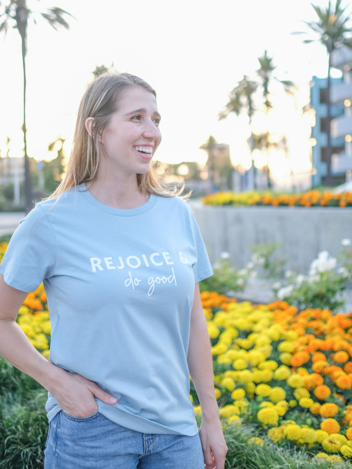 Rejoice & Do Good Christian Apparel - Women's Blue T-shirt Tee with the words Rejoice & Do Good on it from Ecclesiastes 3:12